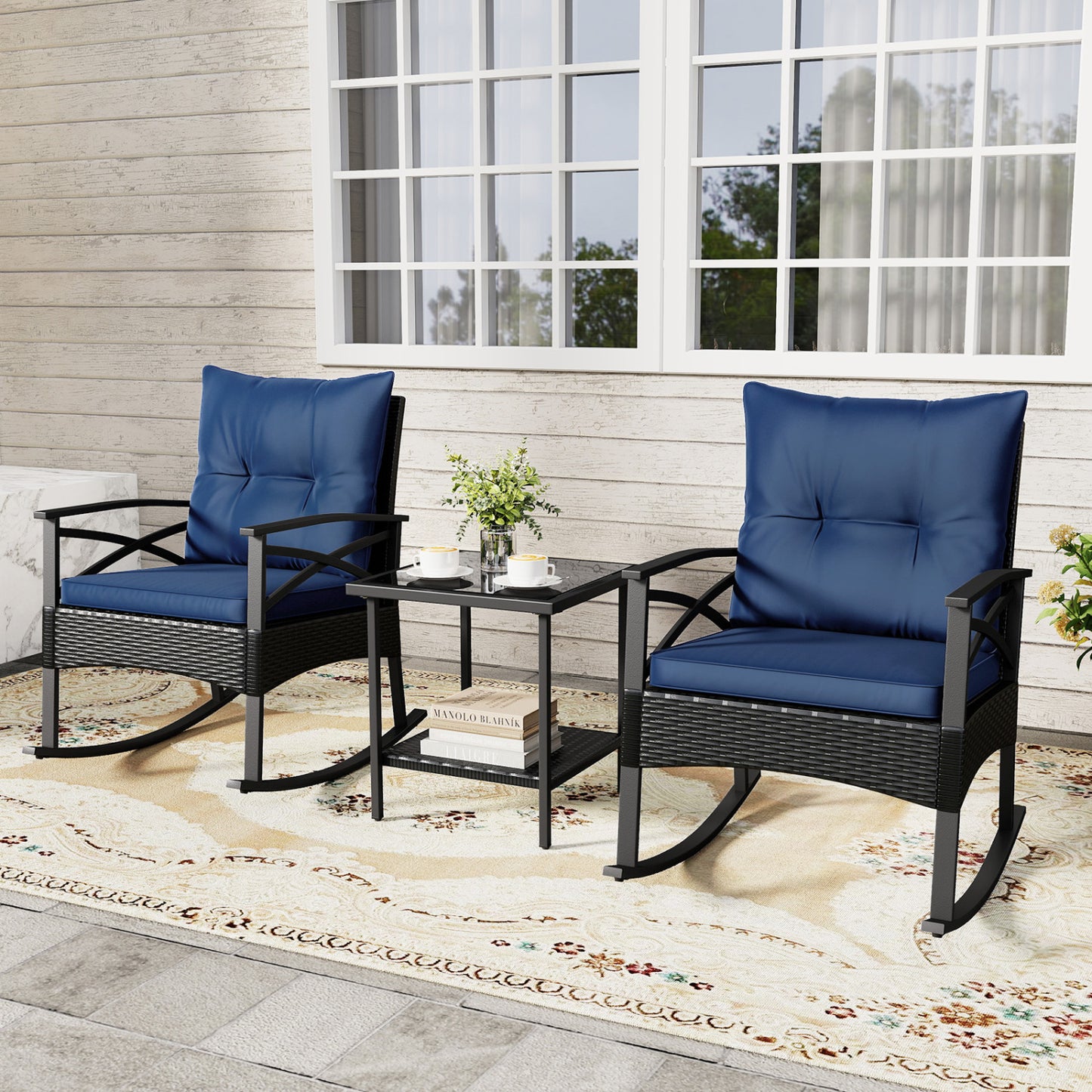 3-Piece Rattan Rocking Chair Set with Side Table