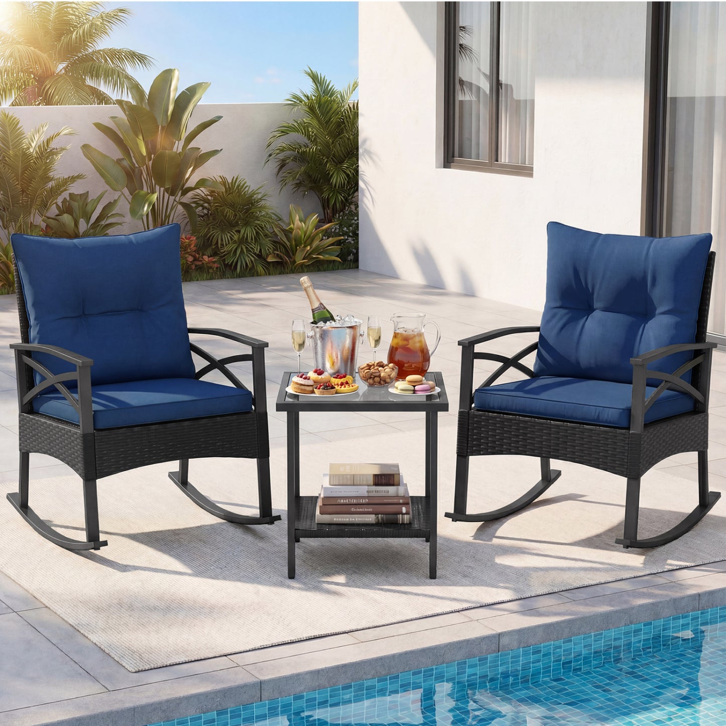 3-Piece Rattan Rocking Chair Set with Side Table