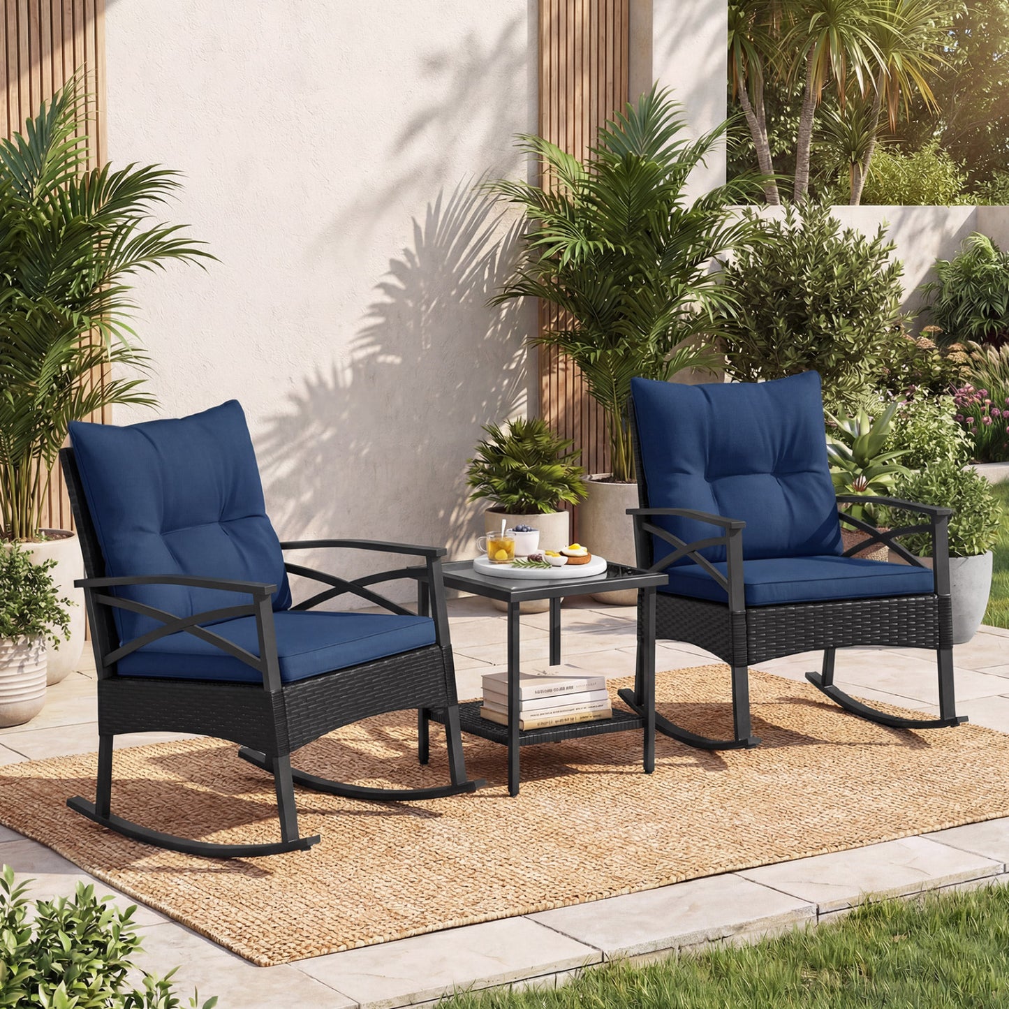 3-Piece Rattan Rocking Chair Set with Side Table
