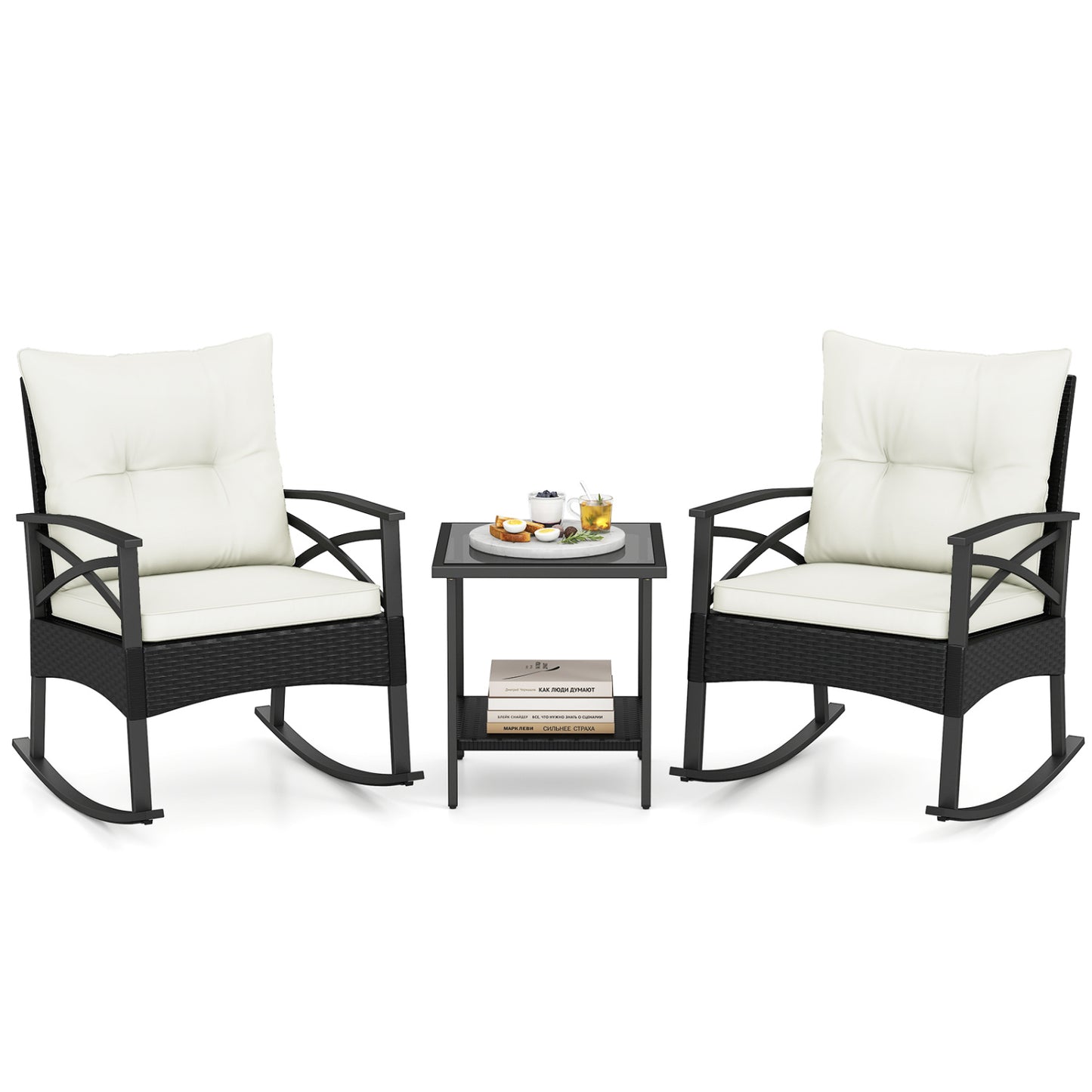3-Piece Rattan Rocking Chair Set with Side Table