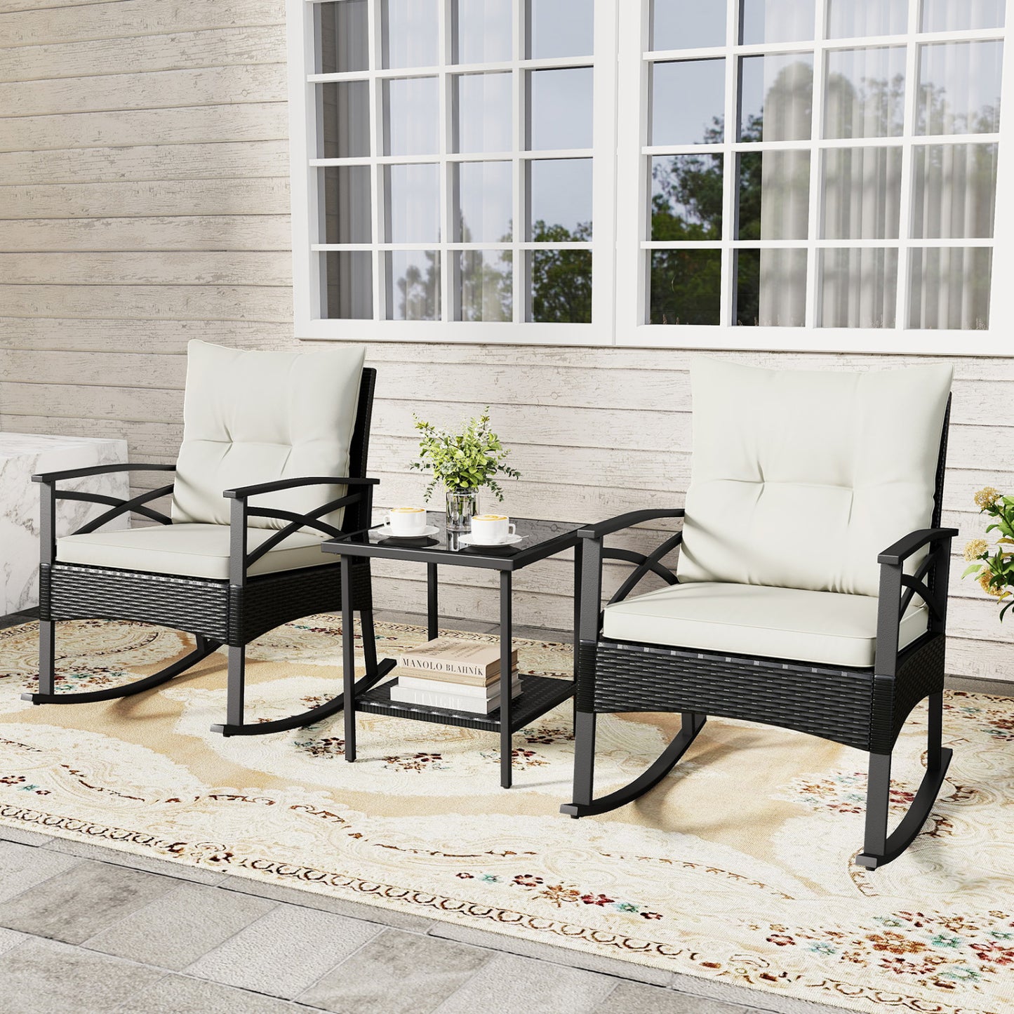 3-Piece Rattan Rocking Chair Set with Side Table