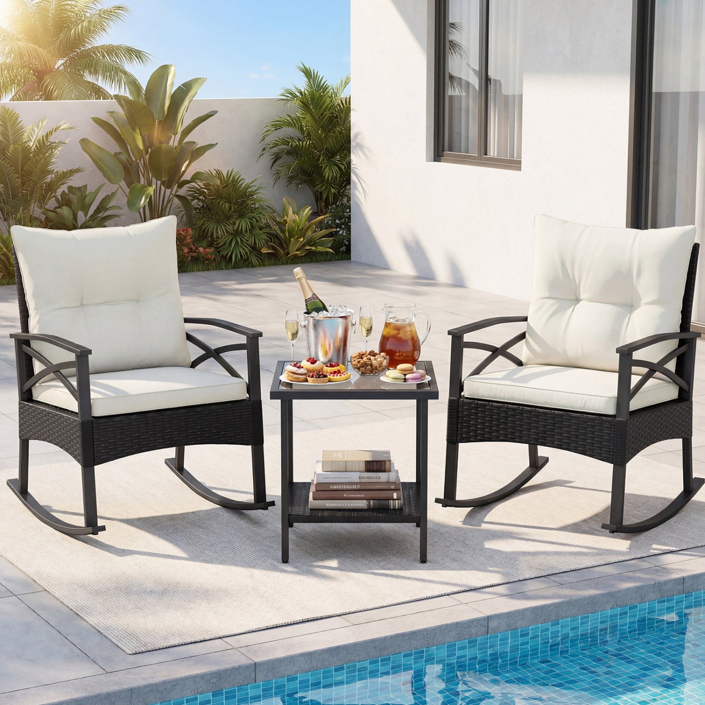 3-Piece Rattan Rocking Chair Set with Side Table