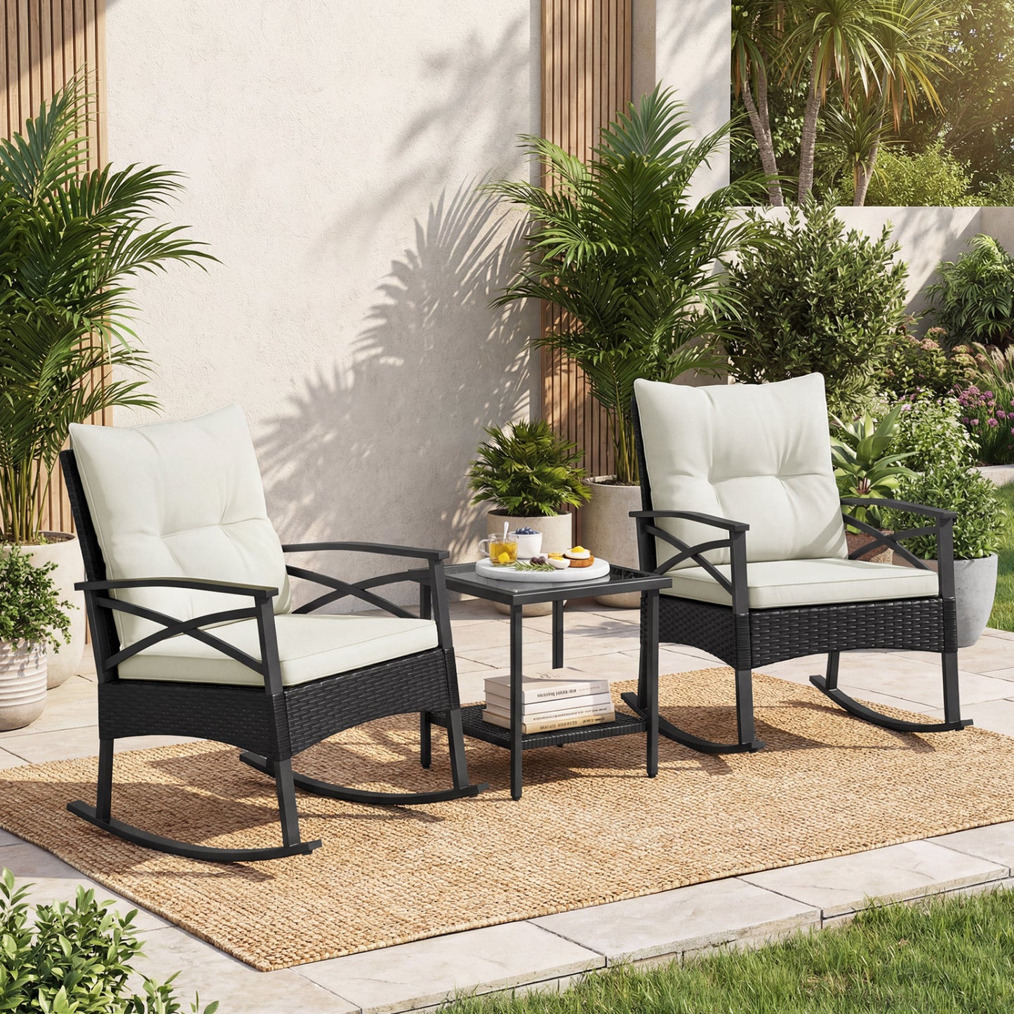3-Piece Rattan Rocking Chair Set with Side Table