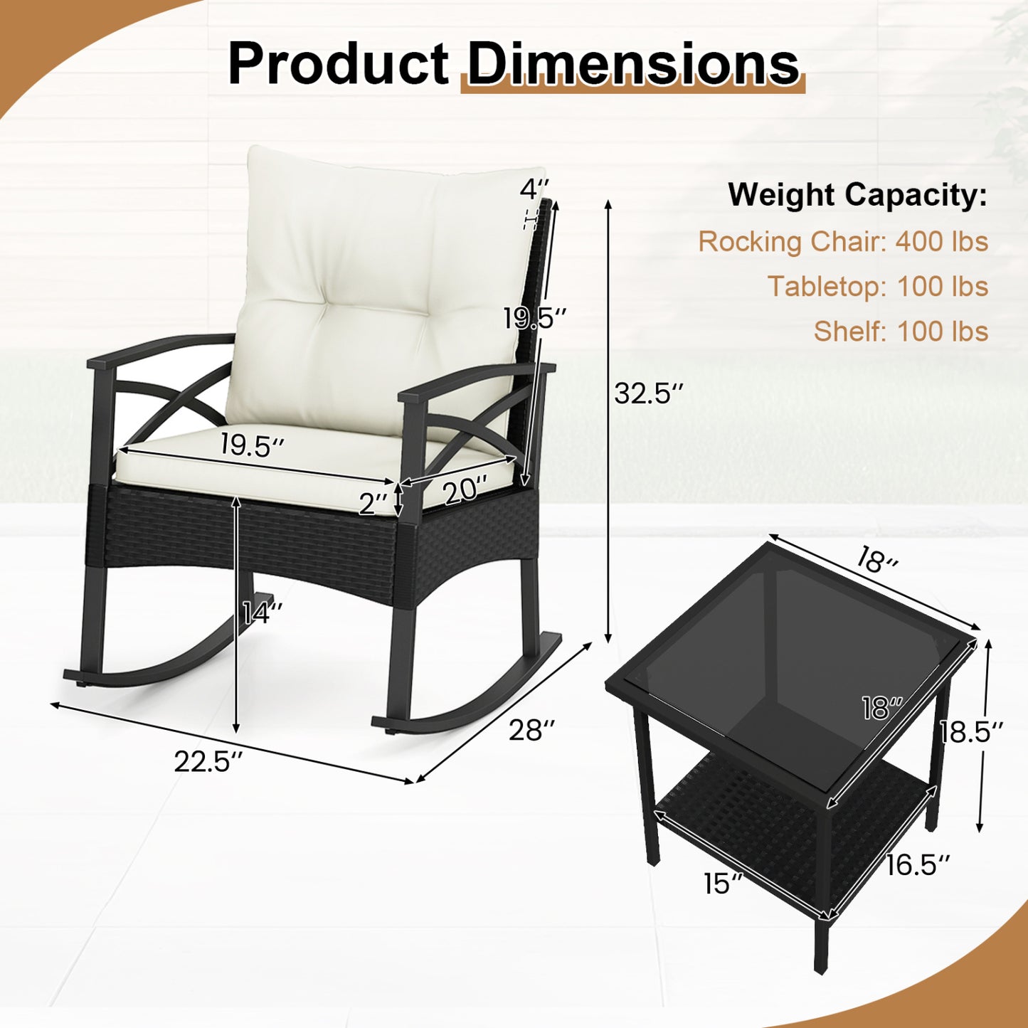 3-Piece Rattan Rocking Chair Set with Side Table