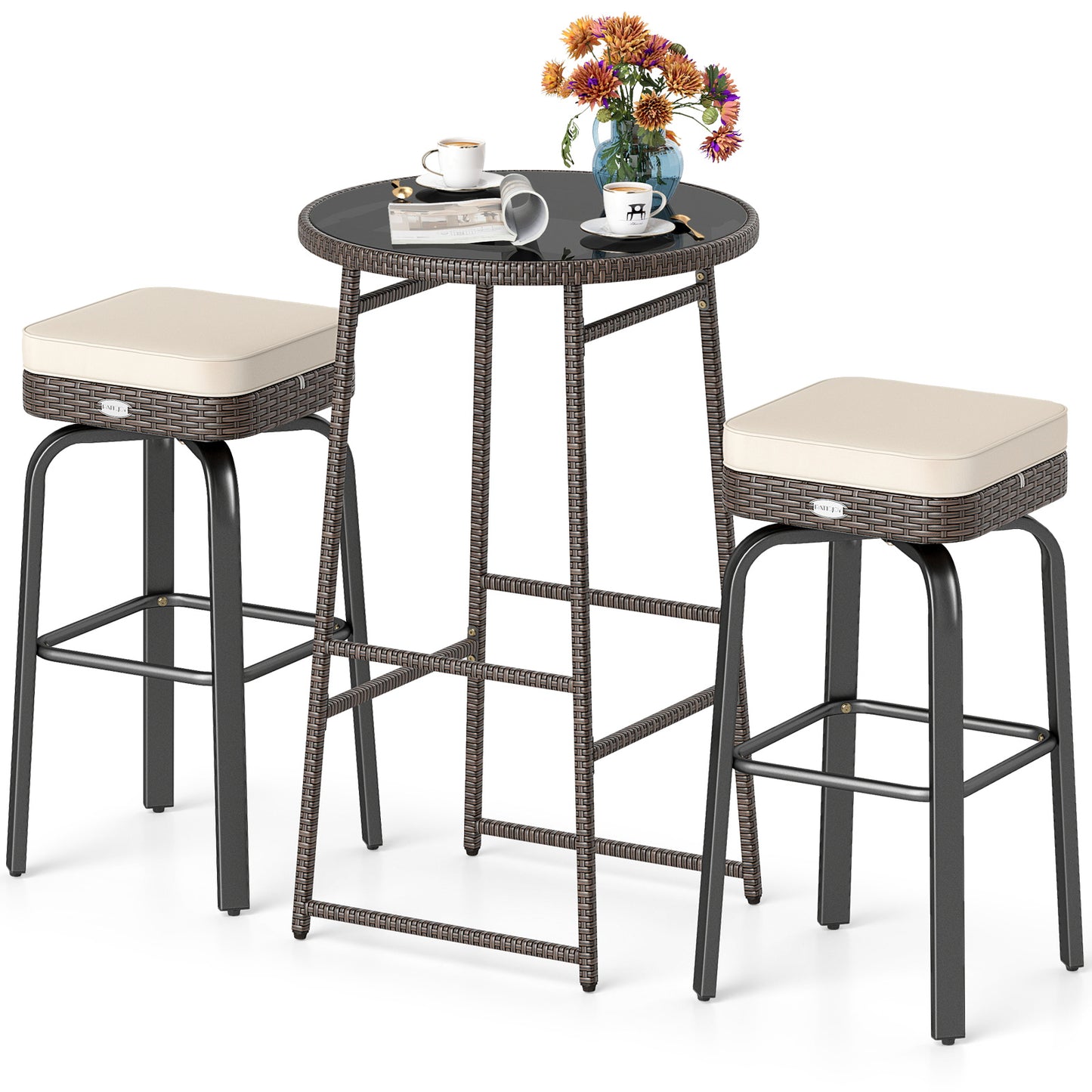 Outdoor Swivel Bar Set 3-Piece PE Rattan with Glass Top
