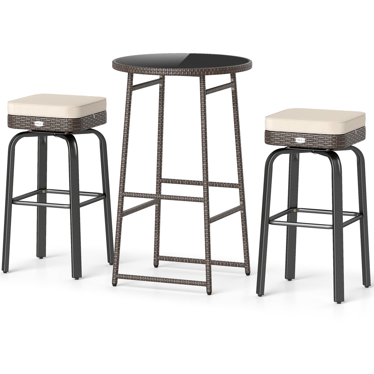 Outdoor Swivel Bar Set 3-Piece PE Rattan with Glass Top