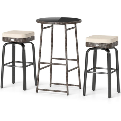 Outdoor Swivel Bar Set 3-Piece PE Rattan with Glass Top