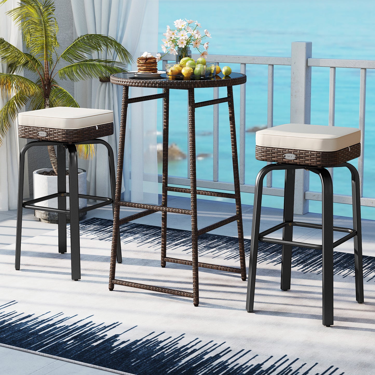 Outdoor Swivel Bar Set 3-Piece PE Rattan with Glass Top