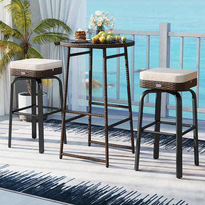 Outdoor Swivel Bar Set 3-Piece PE Rattan with Glass Top