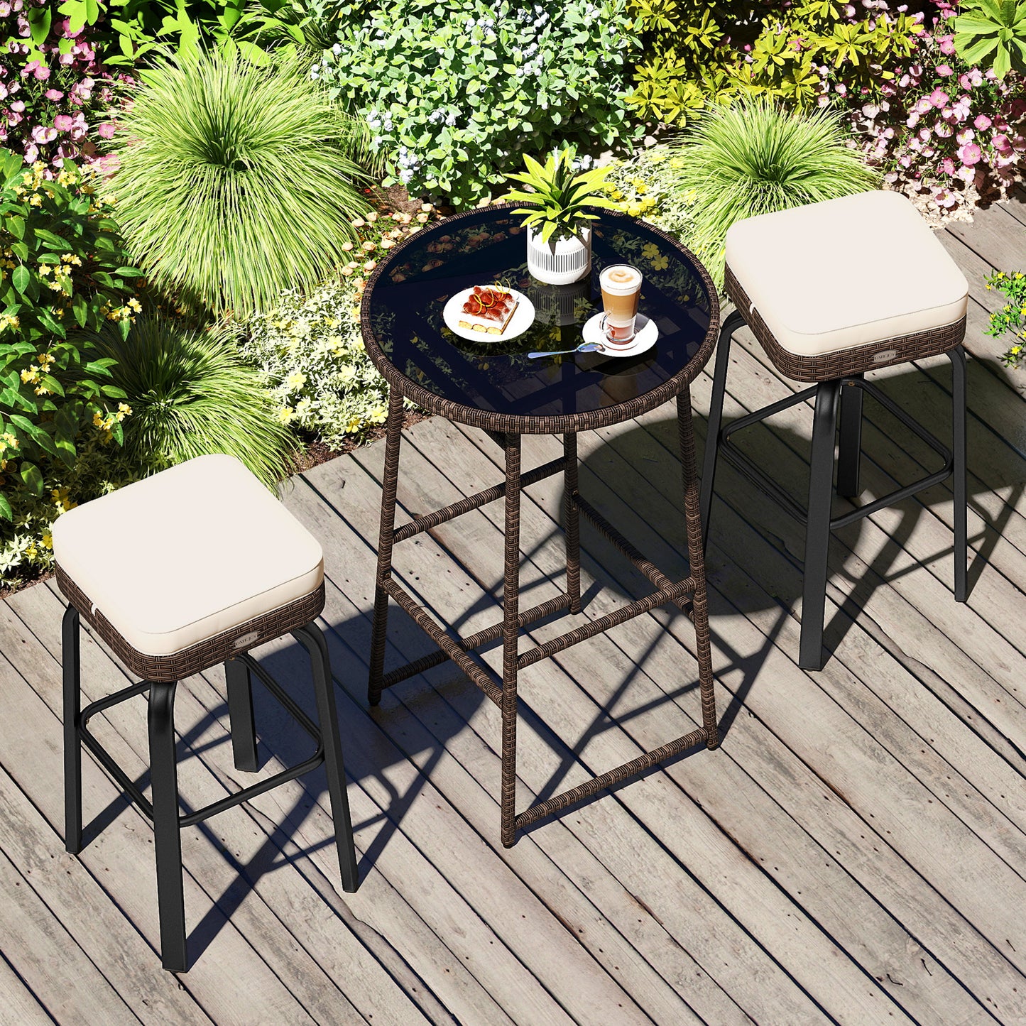 Outdoor Swivel Bar Set 3-Piece PE Rattan with Glass Top