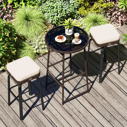 Outdoor Swivel Bar Set 3-Piece PE Rattan with Glass Top
