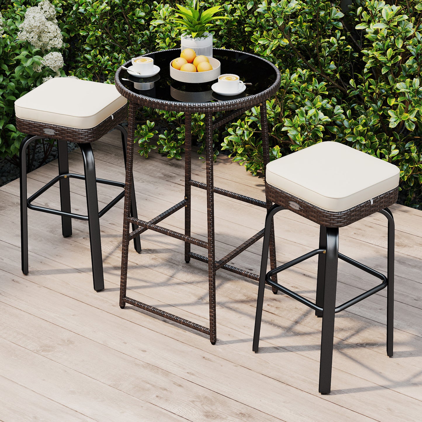 Outdoor Swivel Bar Set 3-Piece PE Rattan with Glass Top