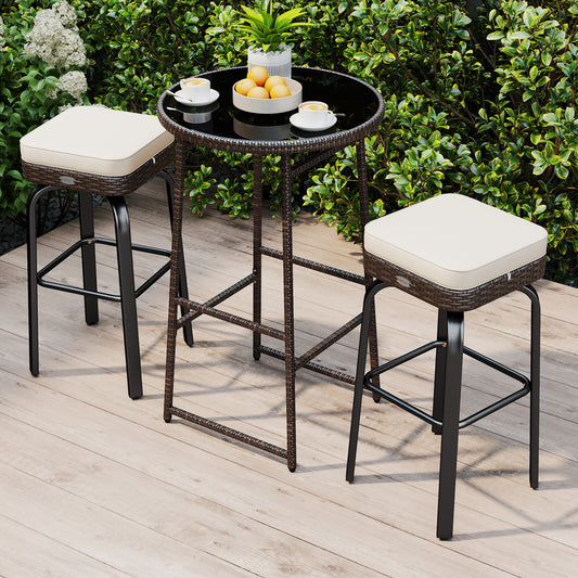 Outdoor Swivel Bar Set 3-Piece PE Rattan with Glass Top