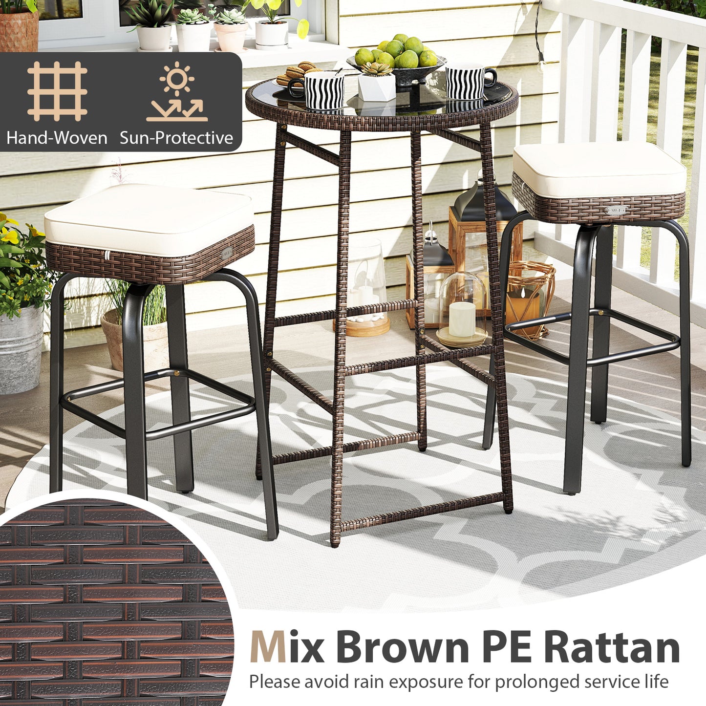 Outdoor Swivel Bar Set 3-Piece PE Rattan with Glass Top