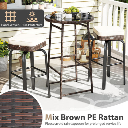 Outdoor Swivel Bar Set 3-Piece PE Rattan with Glass Top