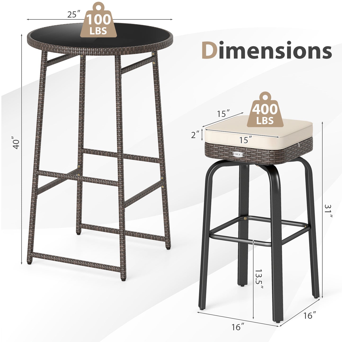 Outdoor Swivel Bar Set 3-Piece PE Rattan with Glass Top