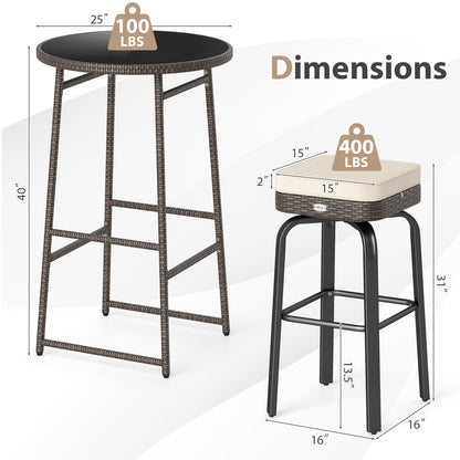 Outdoor Swivel Bar Set 3-Piece PE Rattan with Glass Top
