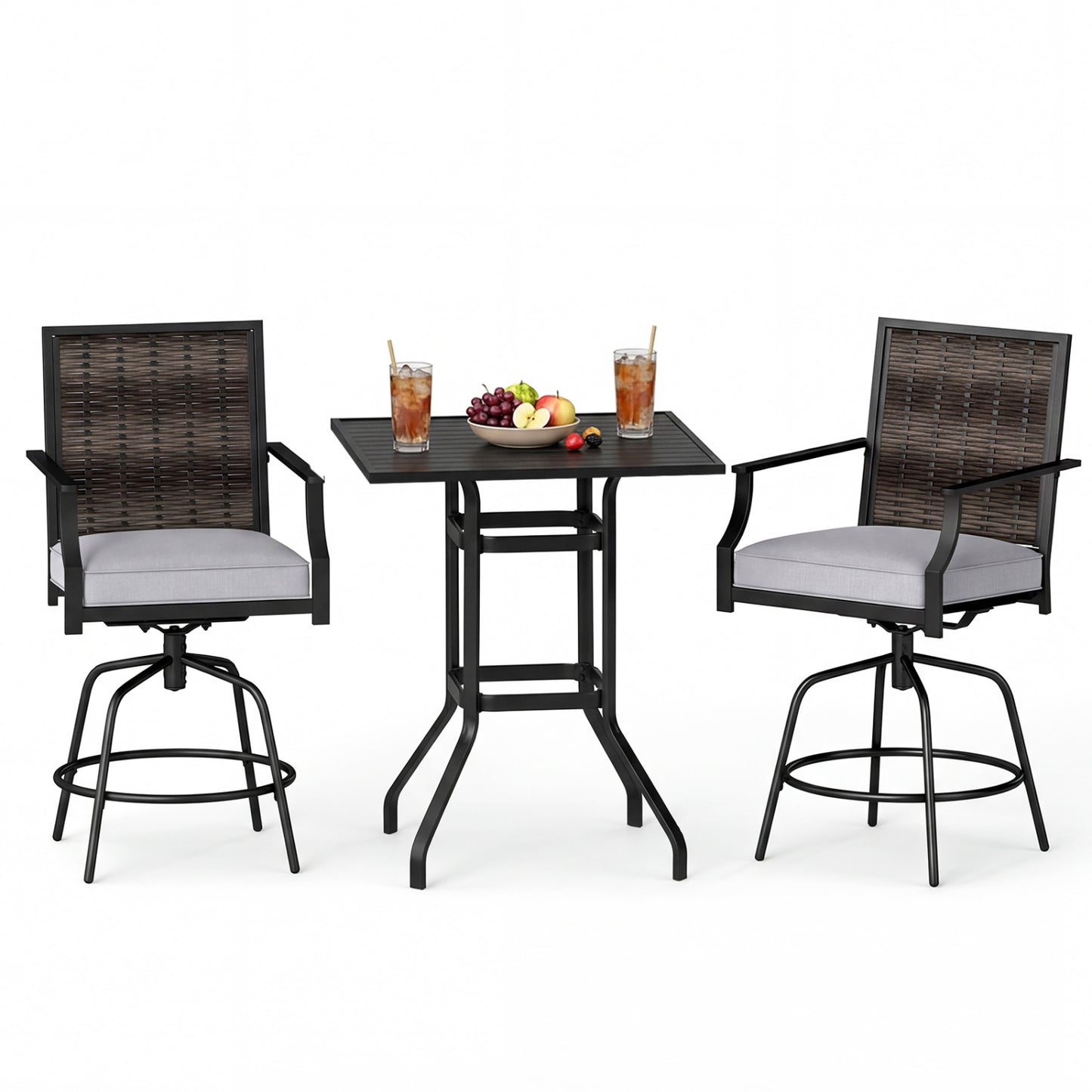 3-Piece Swivel Bar Set with Wicker Chairs and High Top Table
