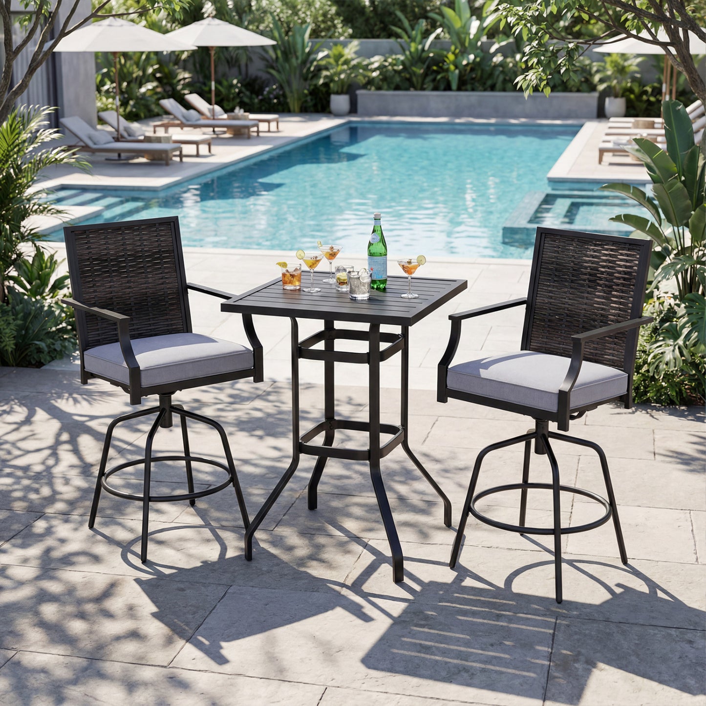 3-Piece Swivel Bar Set with Wicker Chairs and High Top Table