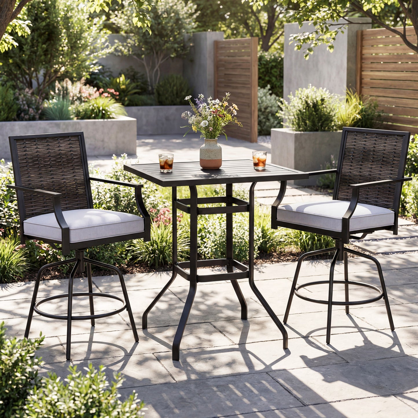 3-Piece Swivel Bar Set with Wicker Chairs and High Top Table