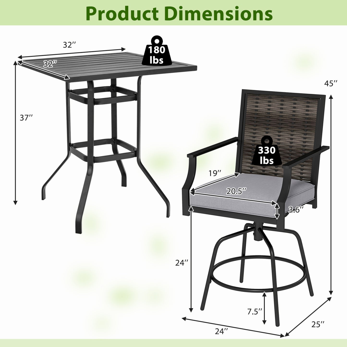 3-Piece Swivel Bar Set with Wicker Chairs and High Top Table
