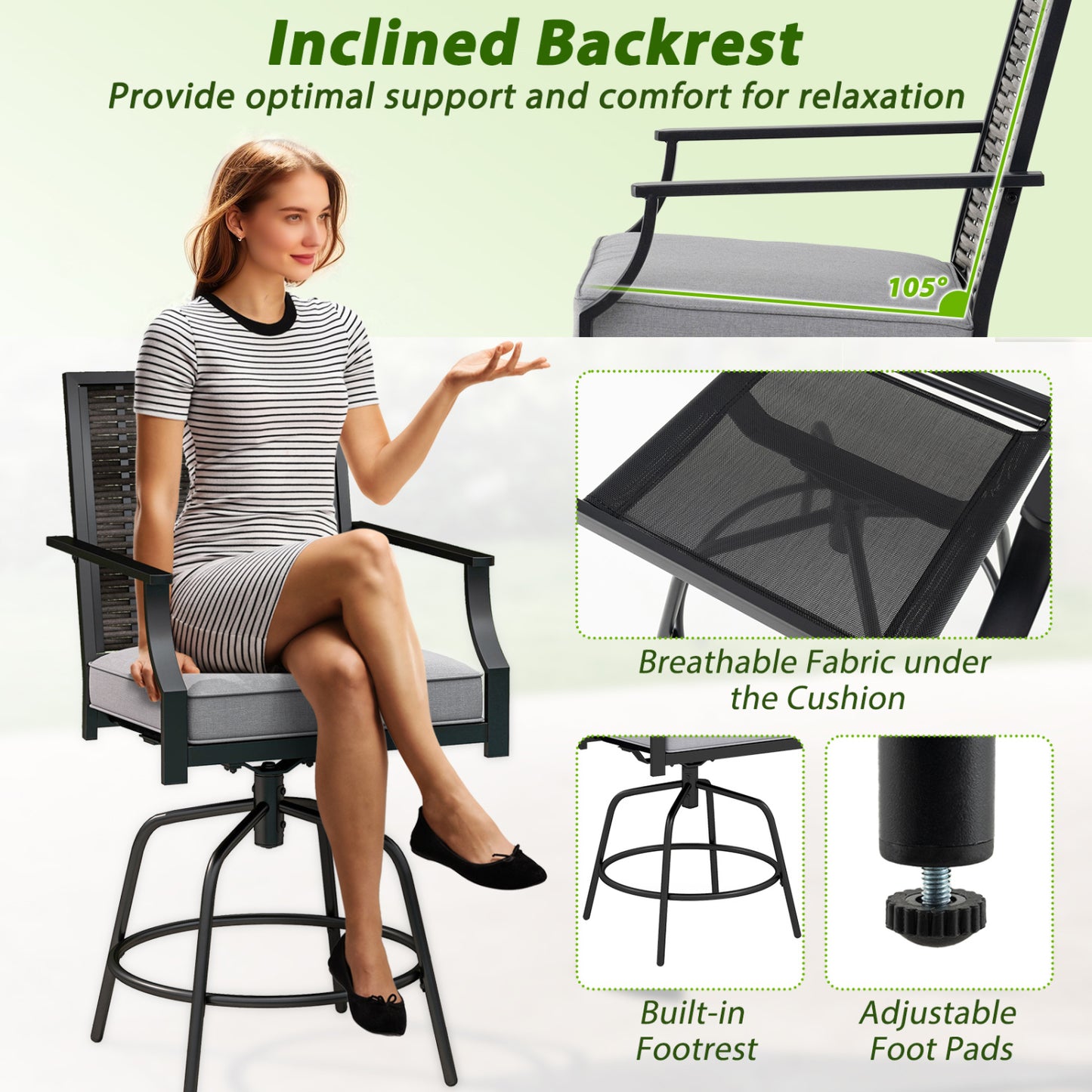 3-Piece Swivel Bar Set with Wicker Chairs and High Top Table