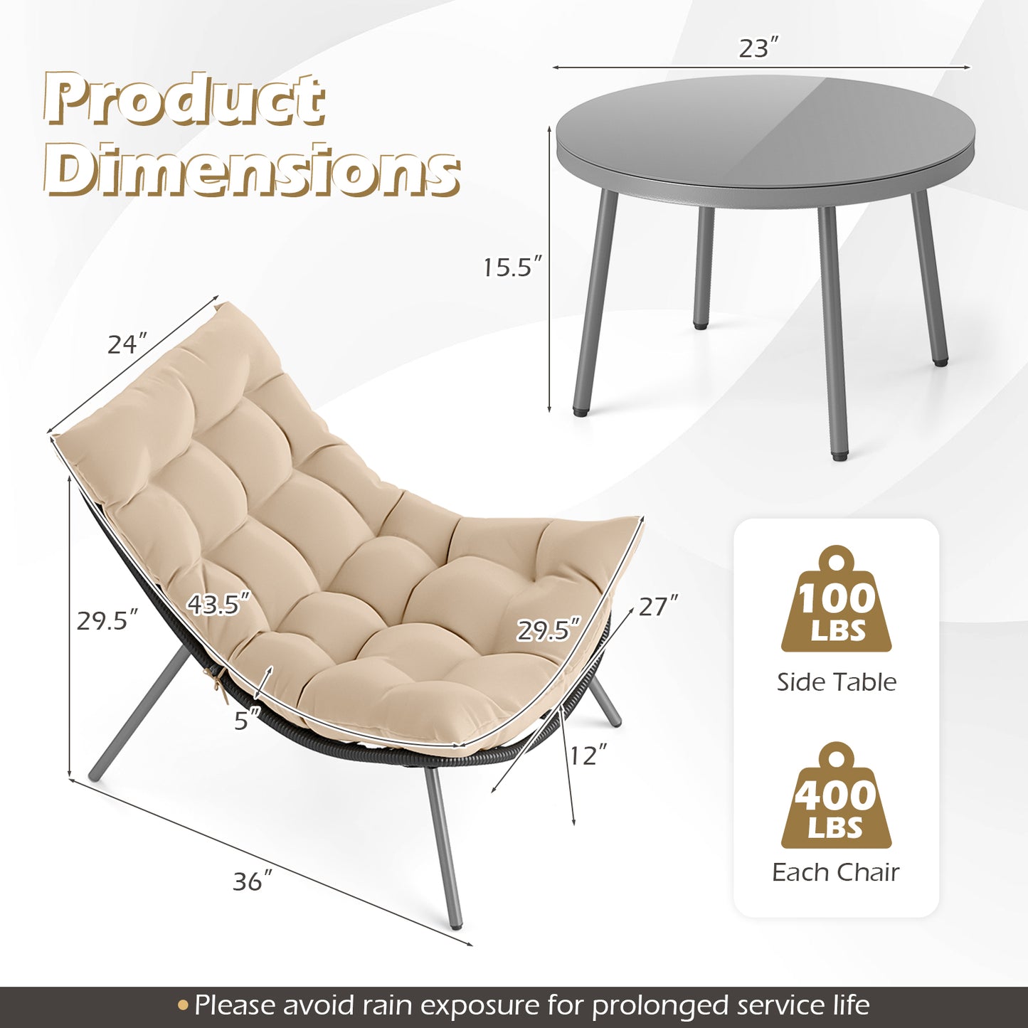 Papasan Patio Conversation Set 3-Piece with Cushions