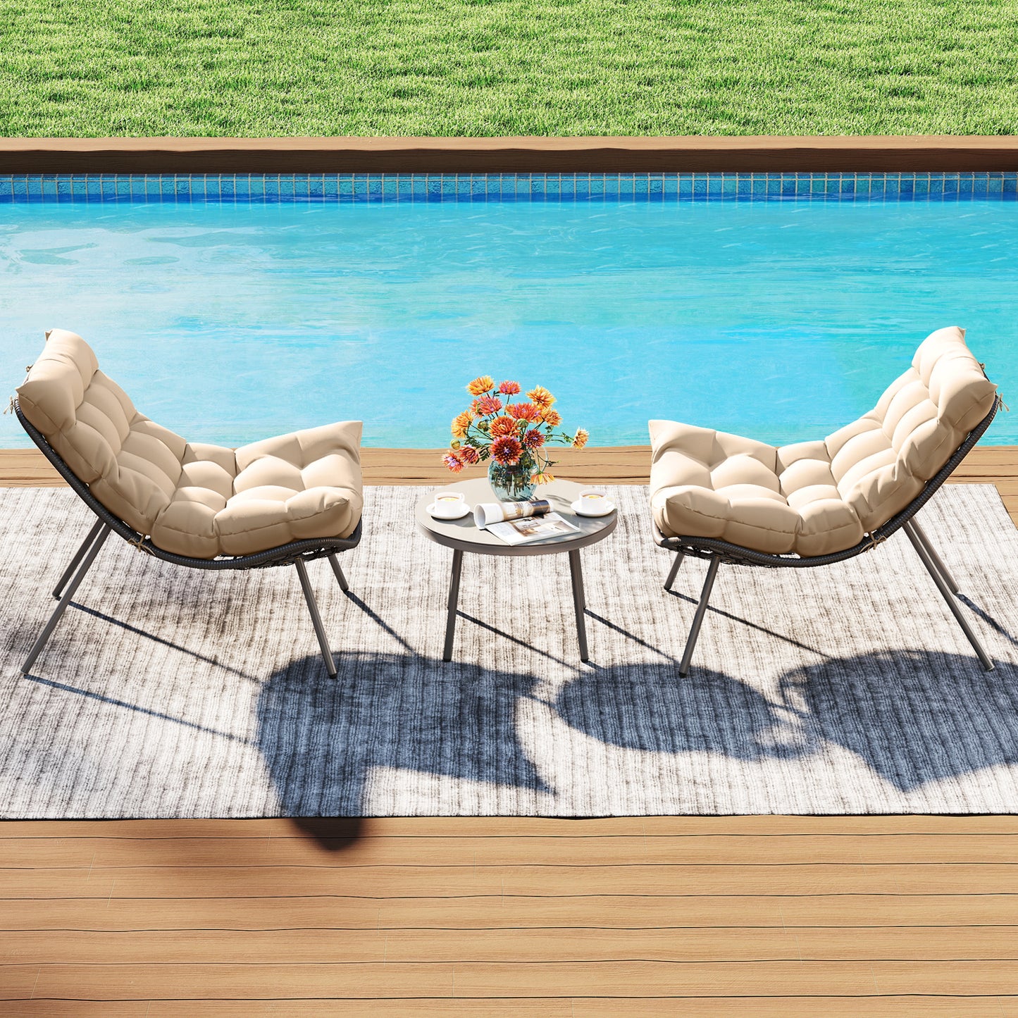 Papasan Patio Conversation Set 3-Piece with Cushions