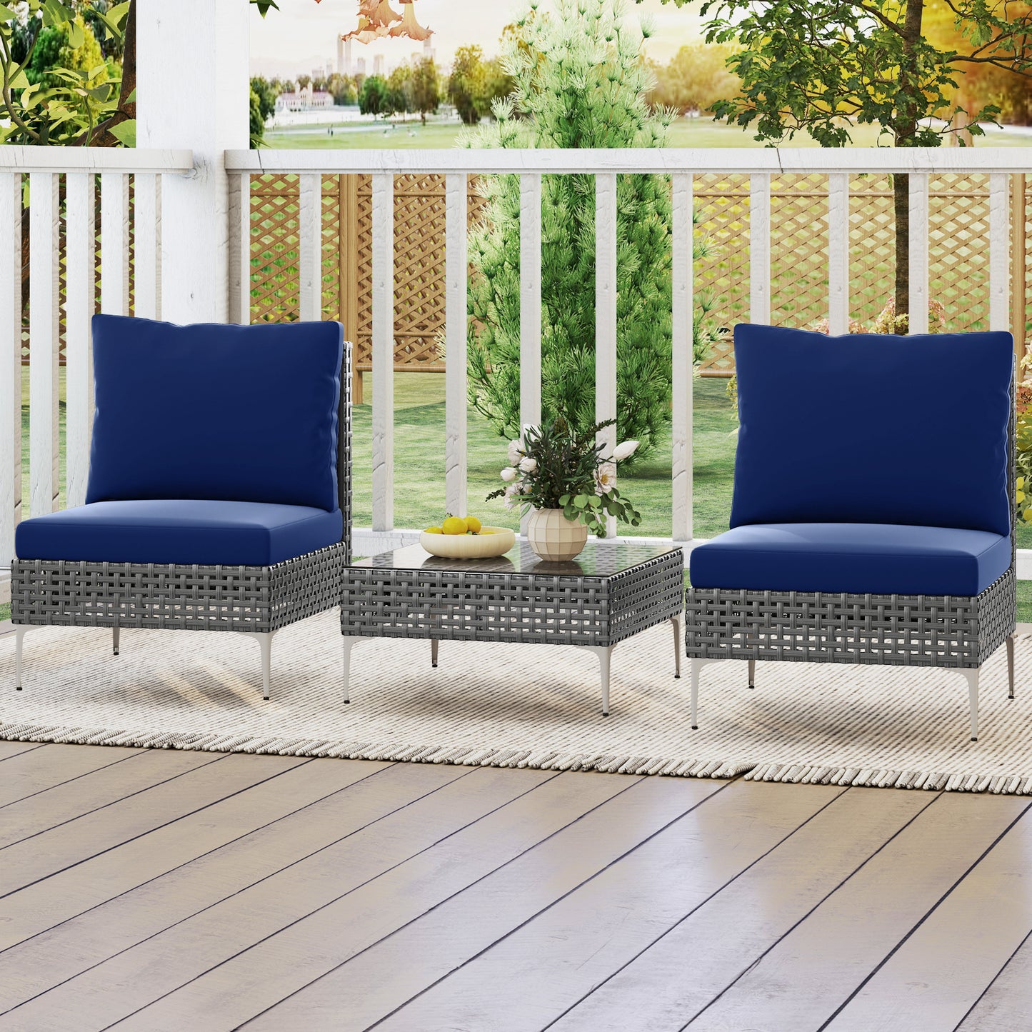3-Piece Rattan Patio Conversation Set with Glass Coffee Table