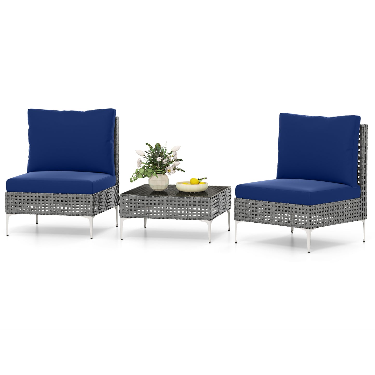 3-Piece Rattan Patio Conversation Set with Glass Coffee Table