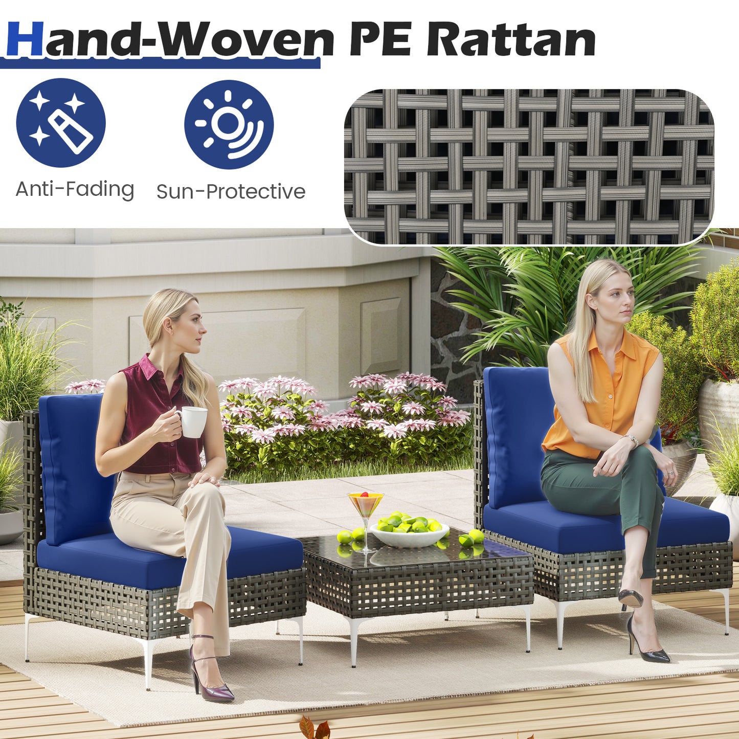 3-Piece Rattan Patio Conversation Set with Glass Coffee Table