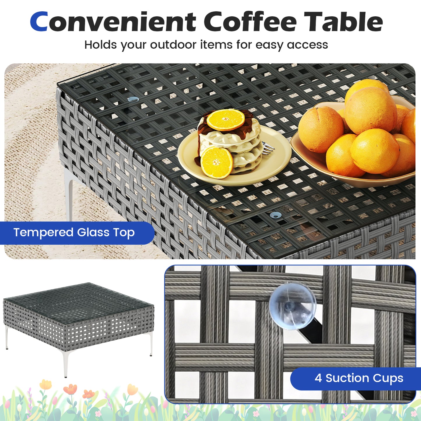 3-Piece Rattan Patio Conversation Set with Glass Coffee Table