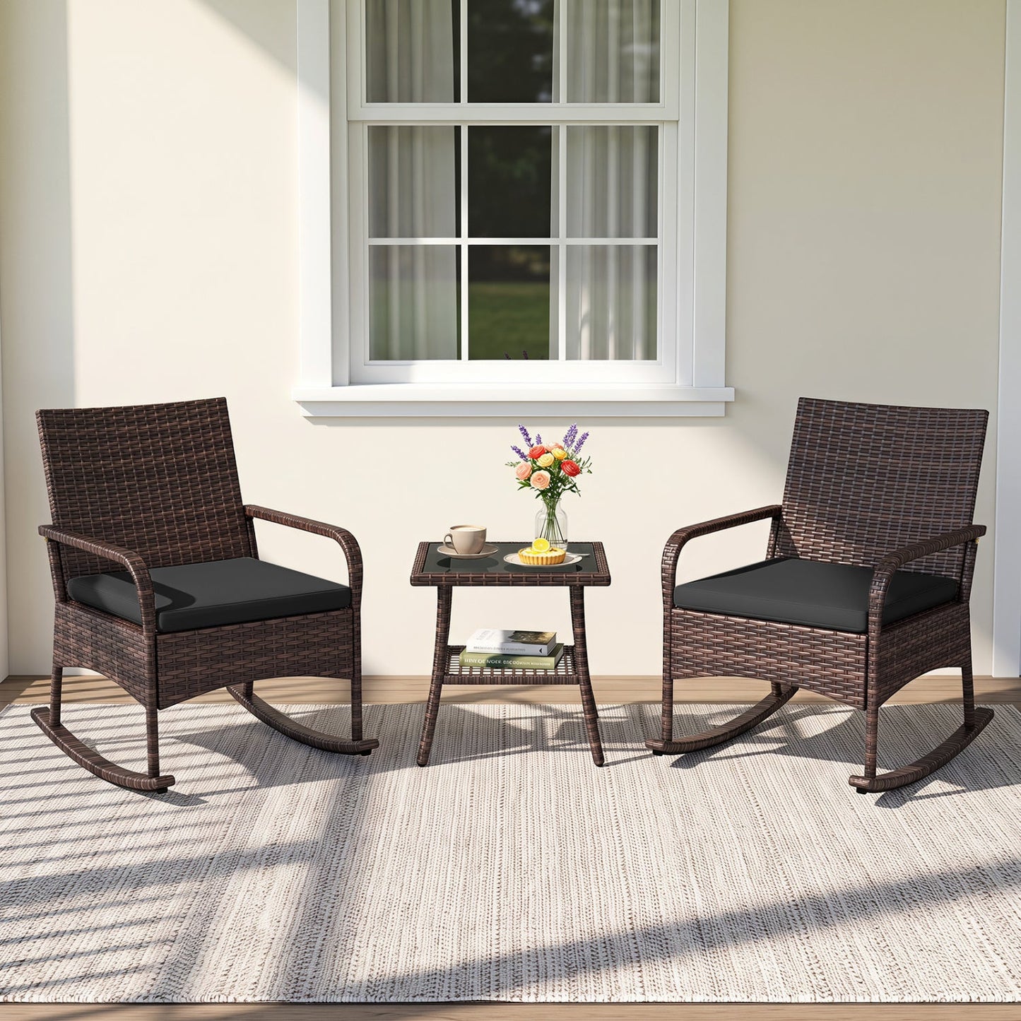 3-Piece Rocking Bistro Set with Cushions & Side Table