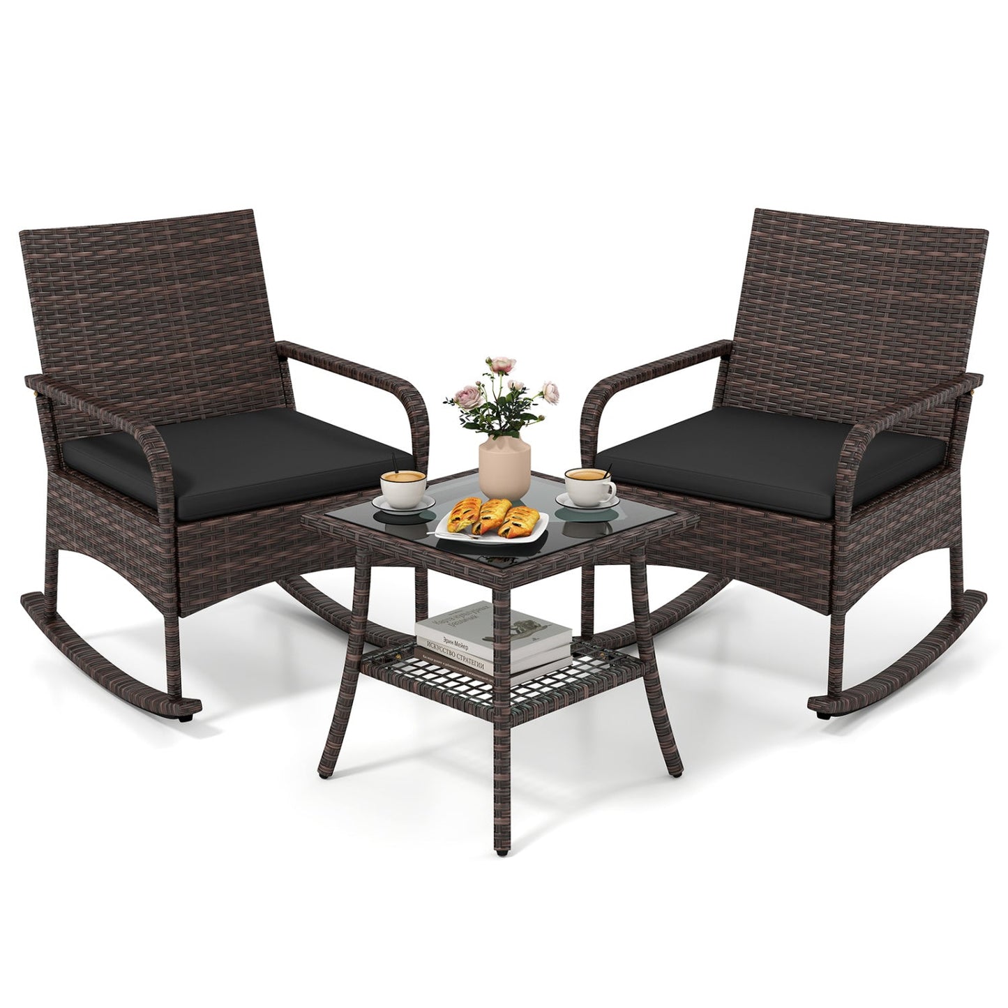 3-Piece Rocking Bistro Set with Cushions & Side Table