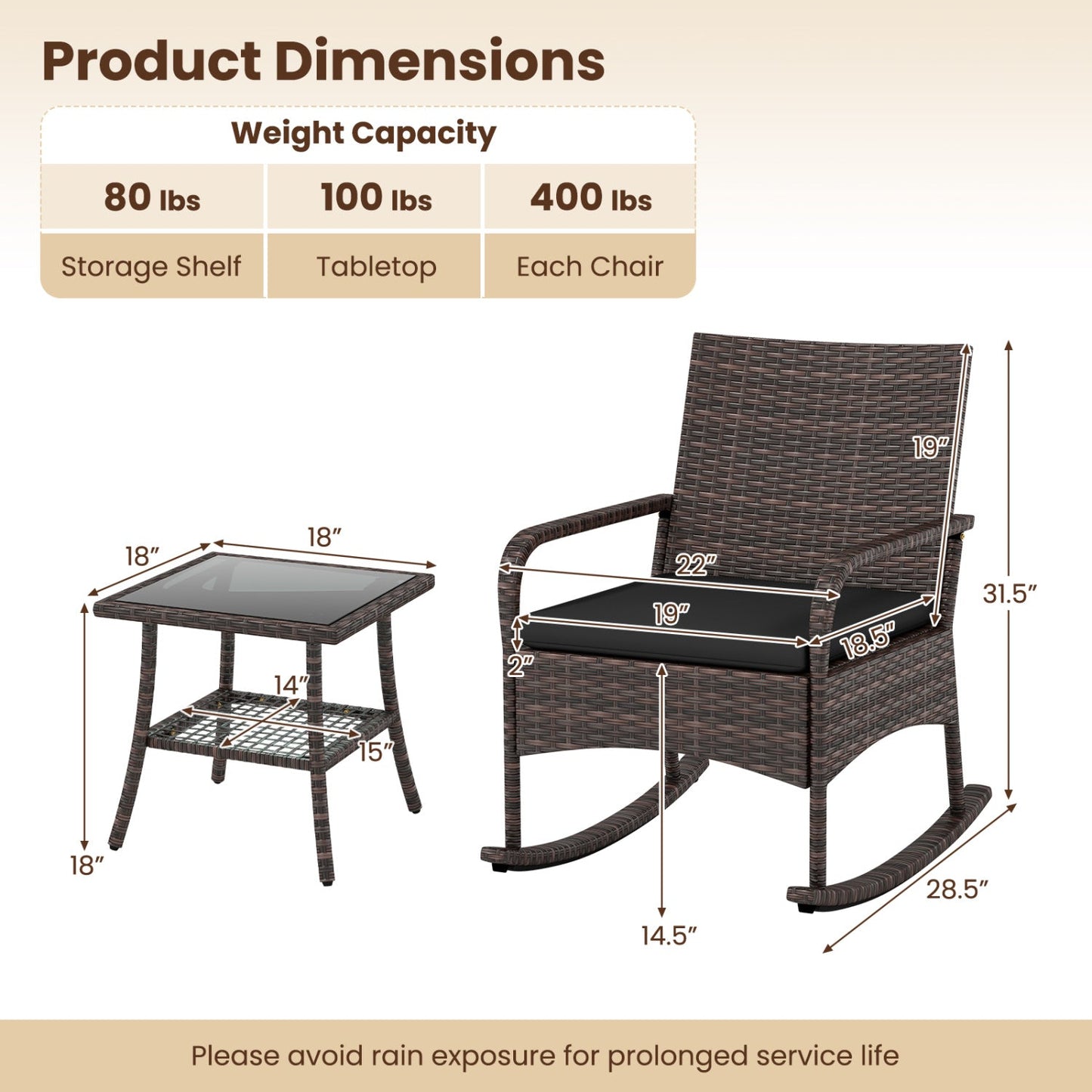 3-Piece Rocking Bistro Set with Cushions & Side Table