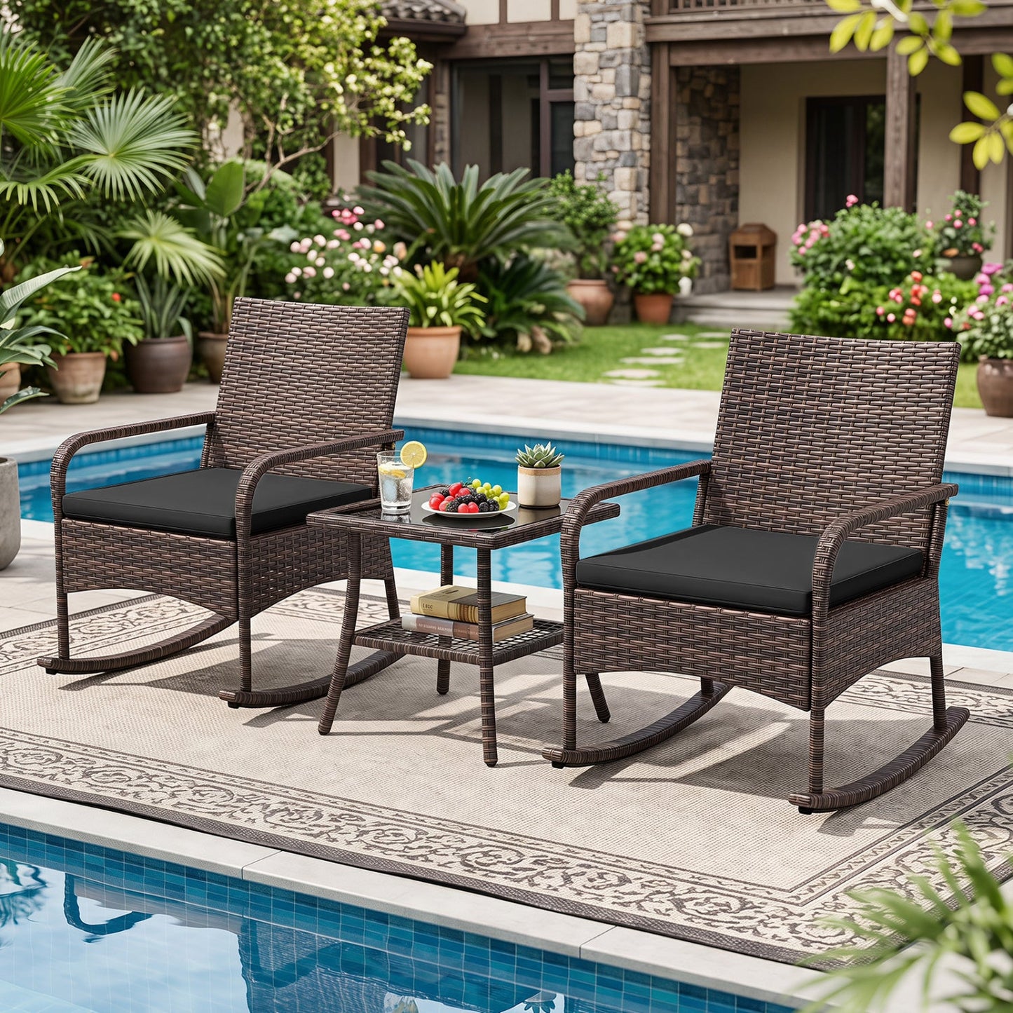 3-Piece Rocking Bistro Set with Cushions & Side Table