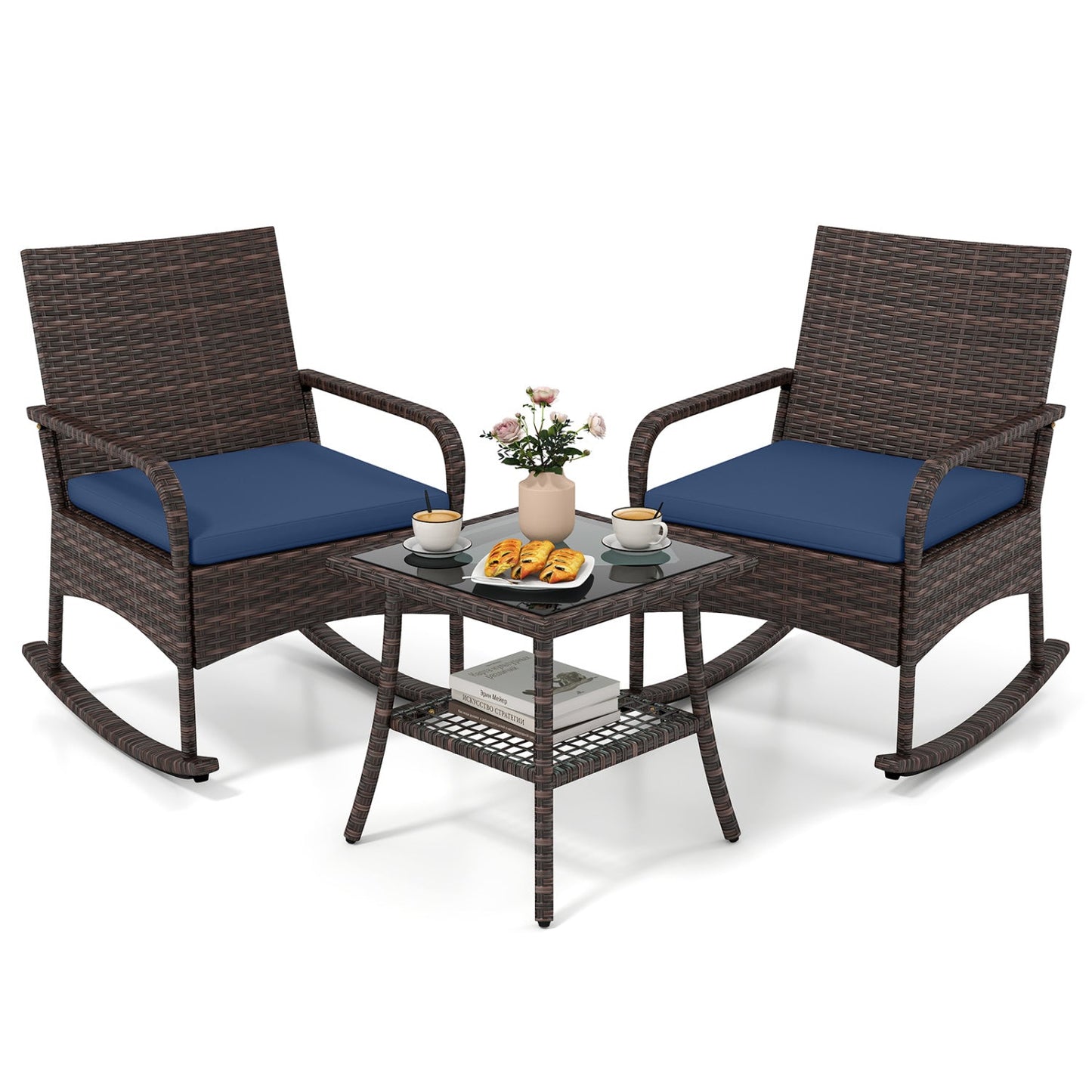 3-Piece Rocking Bistro Set with Cushions & Side Table