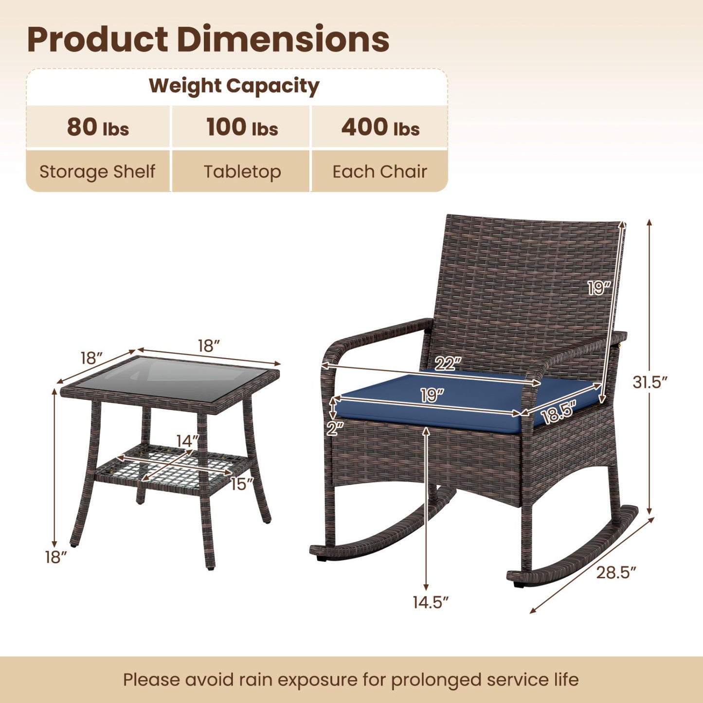 3-Piece Rocking Bistro Set with Cushions & Side Table