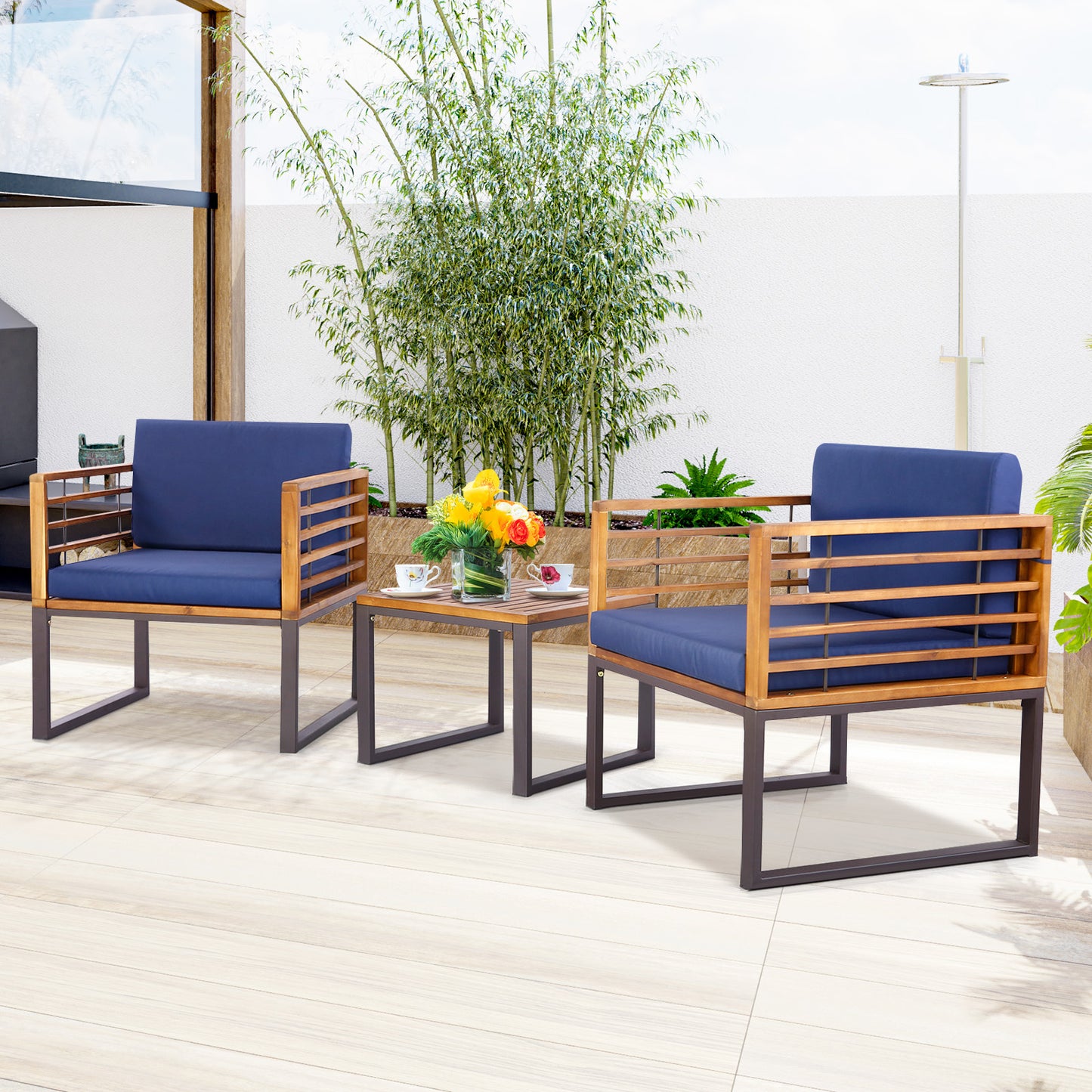 3-Piece Acacia Wood Patio Conversation Set with Navy Cushions