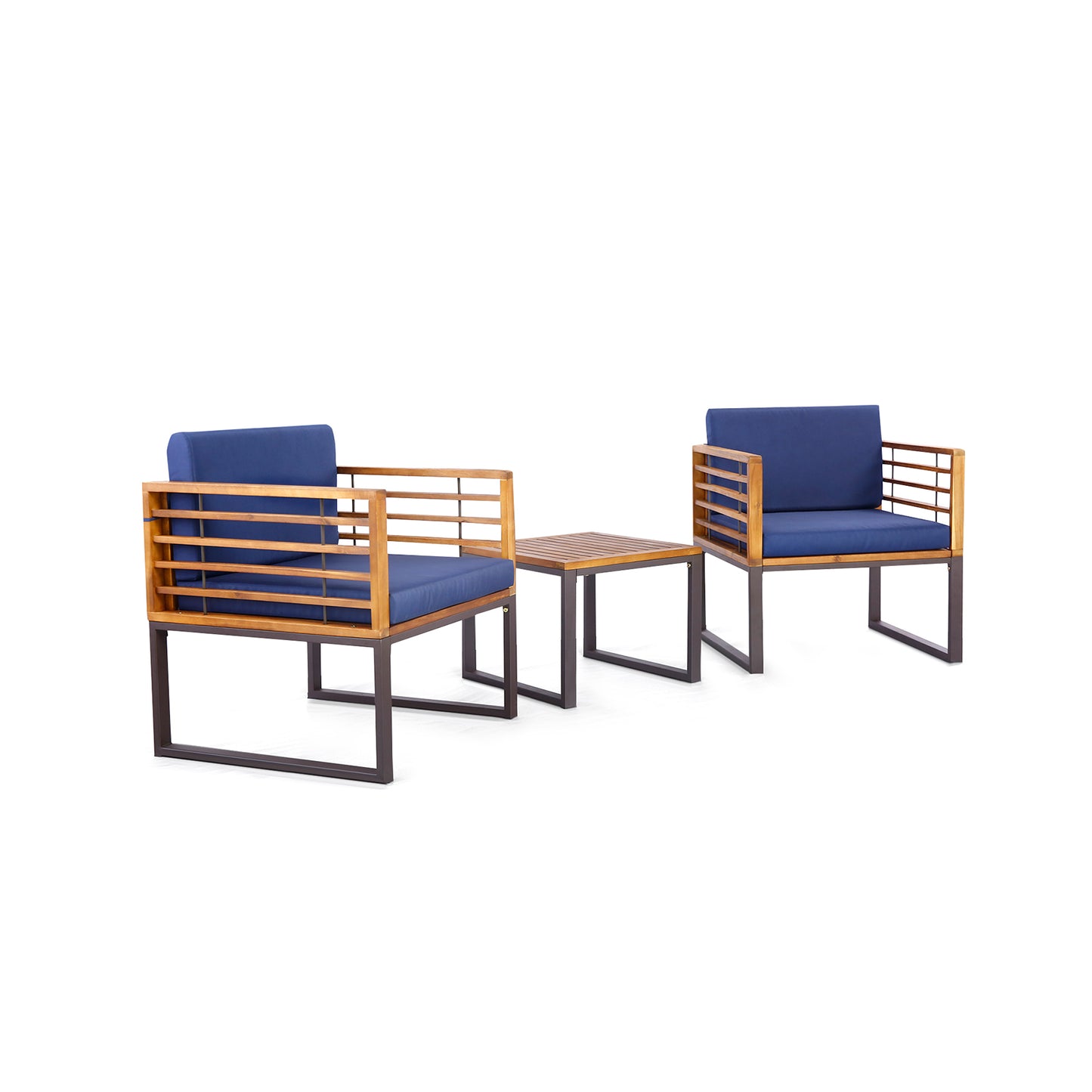 3-Piece Acacia Wood Patio Conversation Set with Navy Cushions