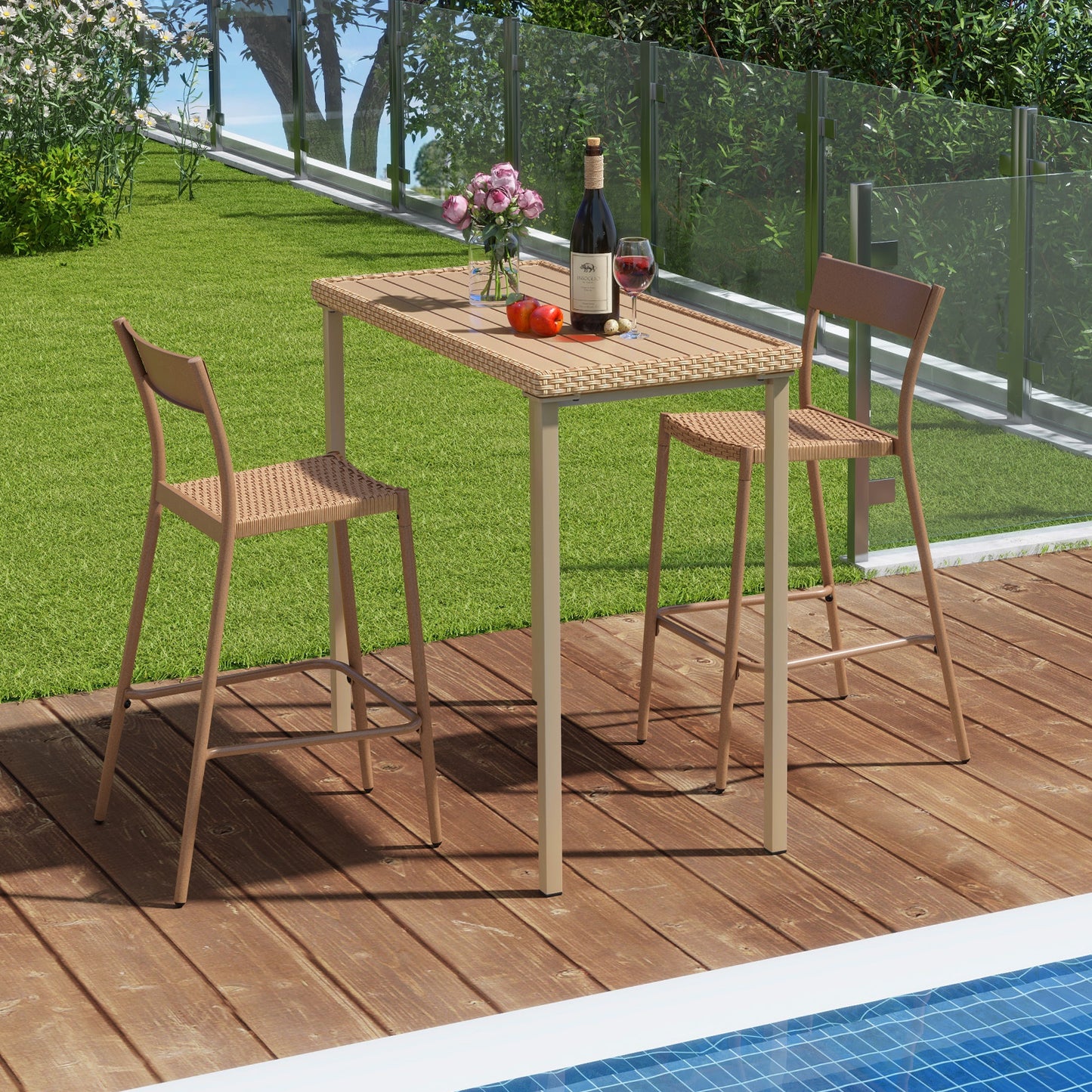 3-Piece Patio Bar Set with Table and 2 Armless Chairs