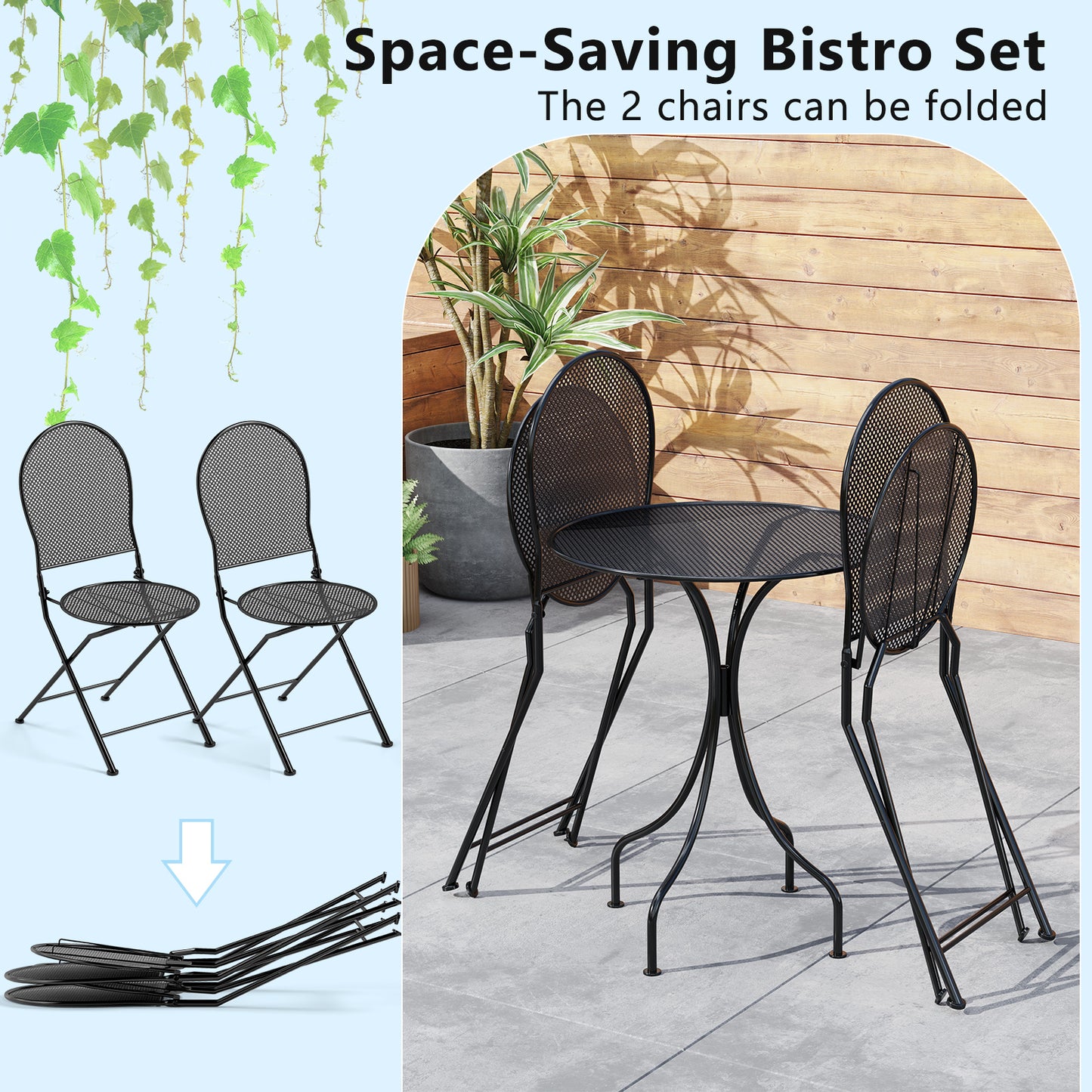 3-Piece Patio Bistro Set with Folding Chairs and Table