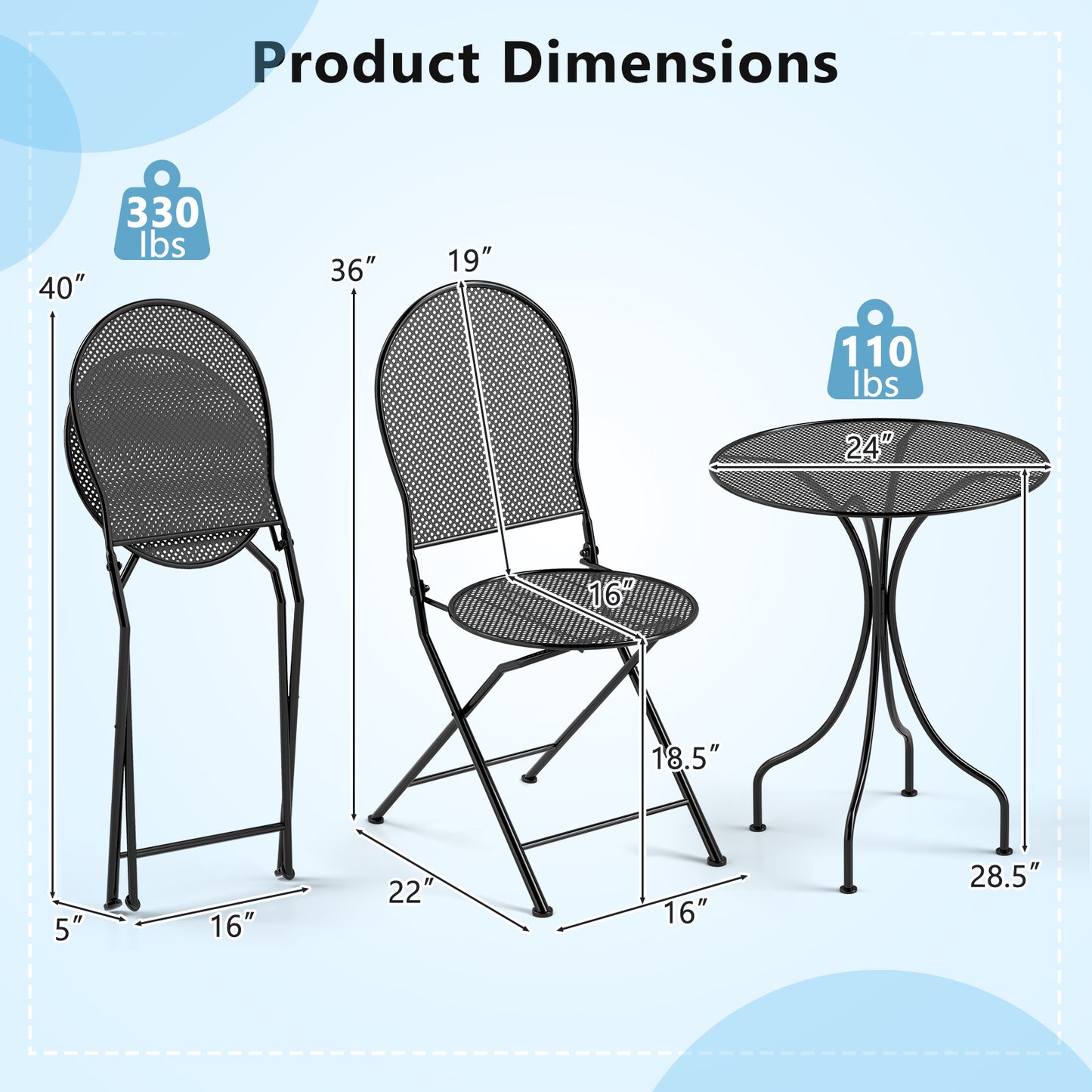 3-Piece Patio Bistro Set with Folding Chairs and Table