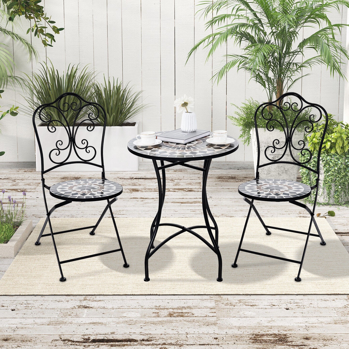 3-Piece Patio Bistro Set with Mosaic Table & Folding Chairs