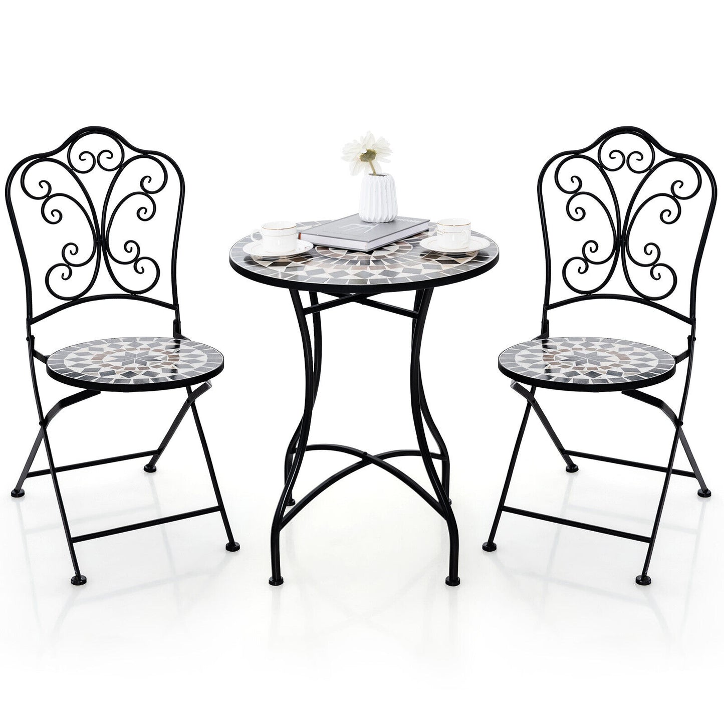 3-Piece Patio Bistro Set with Mosaic Table & Folding Chairs