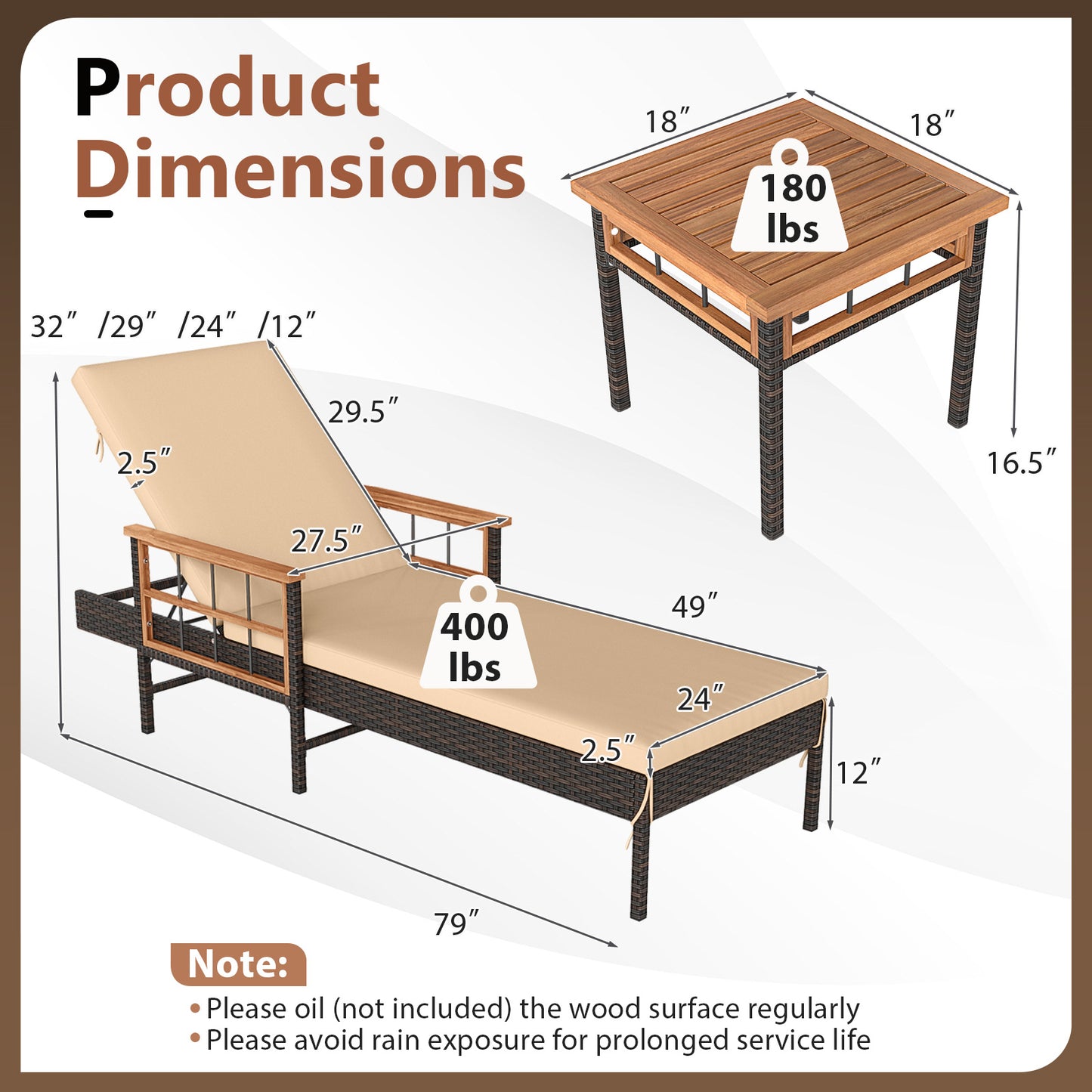 3-Piece Patio Chaise Lounge Set with Adjustable Backrests