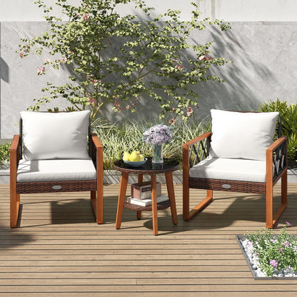 3 Pieces Patio Furniture Set with Tempered Glass Top Table and Soft Cushions-Off White