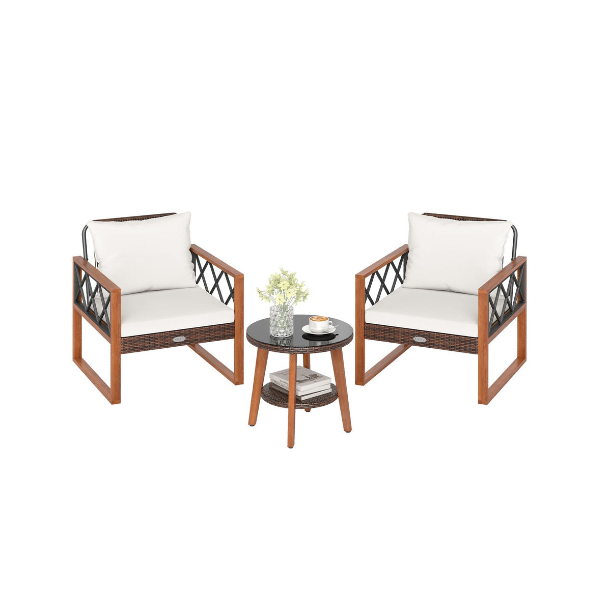 3 Pieces Patio Furniture Set with Tempered Glass Top Table and Soft Cushions-Off White