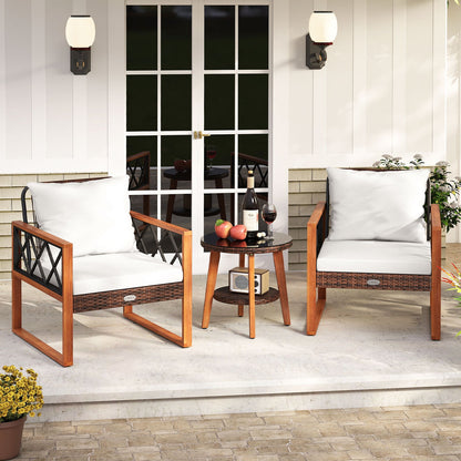 3 Pieces Patio Furniture Set with Tempered Glass Top Table and Soft Cushions-Off White
