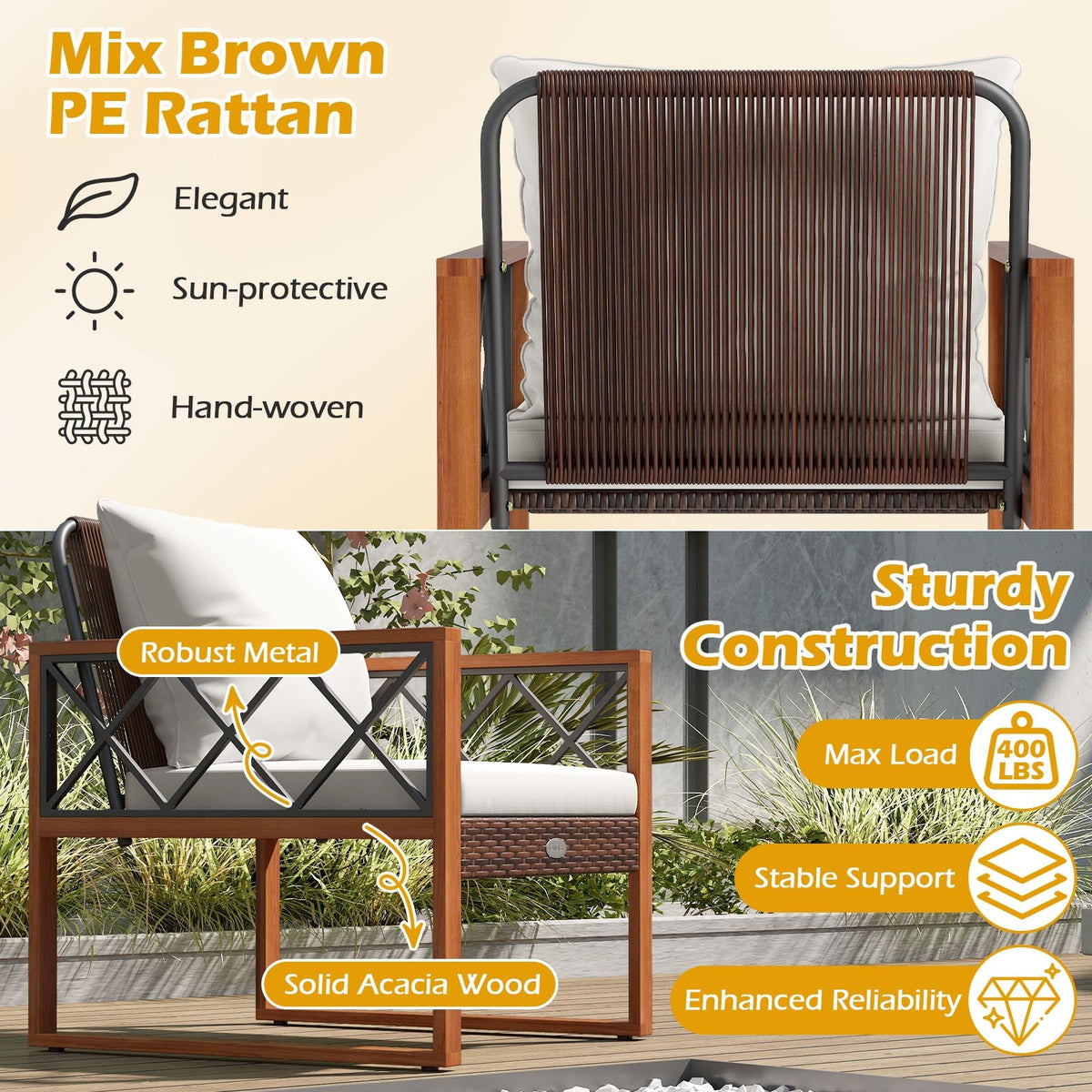 3 Pieces Patio Furniture Set with Tempered Glass Top Table and Soft Cushions-Off White